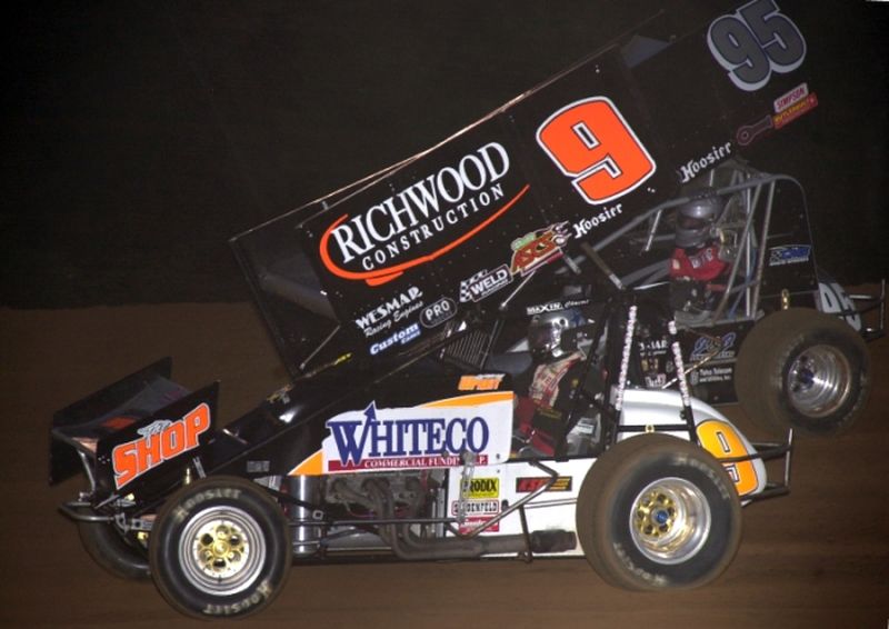 Gary Wright (9) battles with Matt Covington (95) in Saturday night's 16th Annual Toyota Tundra ASCS Speedweek action at Little Rock's I-30 Speedway.