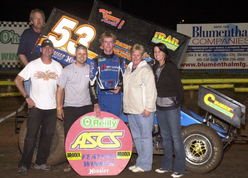 Springfield, Nebraska's Jack Dover and crew enjoy O'Reilly ASCoT National victory lane after topping the opening leg of the Red River Shootout in Friday night's 25-lap feature at Oklahoma City's State Fair Speedway.