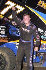 Jesse Hockett celebrates his victory in Sunday night's Seventh Annual Clyde Wood Memorial at Double X Speedway in California, MO.