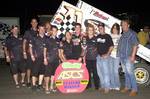 Jason Johnson and The Shop Motorsports crew enjoy O'Reilly ASCoT victory lane at Devil's Bowl Speedway in Mesquite, TX, following Saturday night's 25-lap Red River Shootout main event.