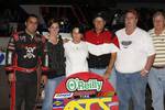 Casey Shuman and company in victory lane after a last-lap move to win Saturday night's 30-lap Discount Tire Co. ASCS Canyon Region event atop Manzanita Speedway's 1/3-mile clay oval in Phoenix, AZ.