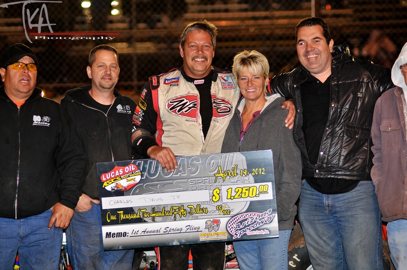Saturday, April 14th, 2012 - Charles Davis Jr. in ASCS Canyon victory lane after a thrilling last lap/last turn pass for the win at Arizona Speedway -  Apache Junction, AZ